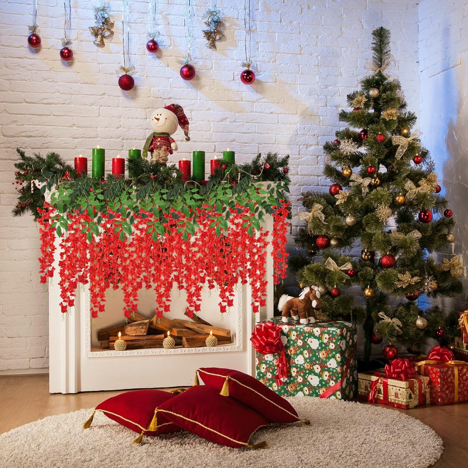 36 Pack Red Wisteria Hanging Flowers, 3.44 Ft Fake Hanging Flowers, Artificial Wisteria Garland Vines for Wedding Room Backdrop Outdoor Patio Garden Valentine's Decoration - Image 6