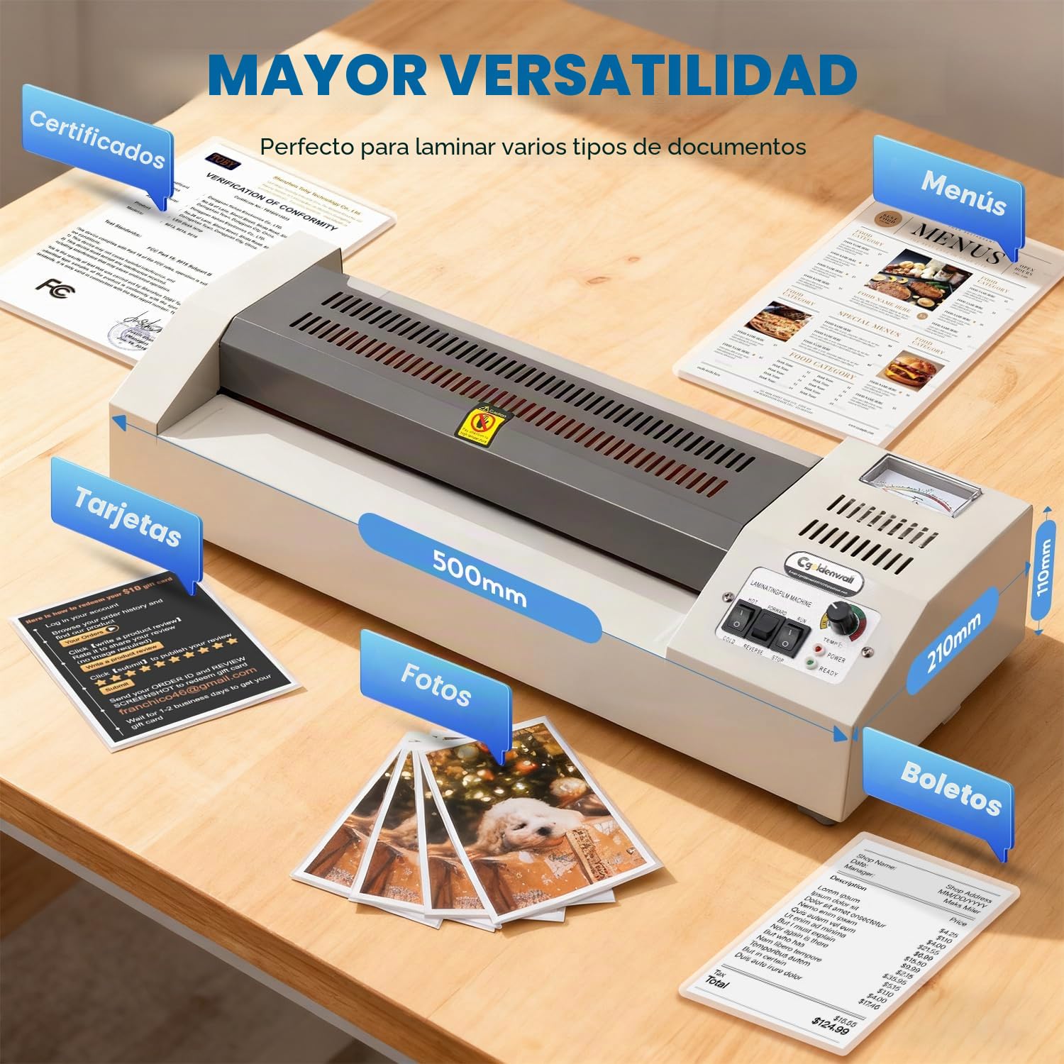 CGOLDENWALL A3 Plastificadora 68-250 Micras, Máquina Laminadora de 4 Rodillos para Laminación Térmica/en Frío, Calentamiento Rápido, Antiatascos, con Kit de Inicio (3 Tipos de Fundas Incluido)