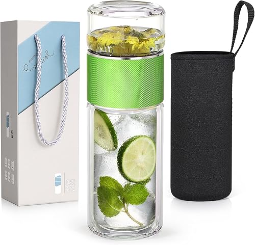 Botella de agua de cristal con infusor de té de hojas sueltas de acero inoxidable, botella de agua de vidrio de borosilicato con capacidad para 16.9