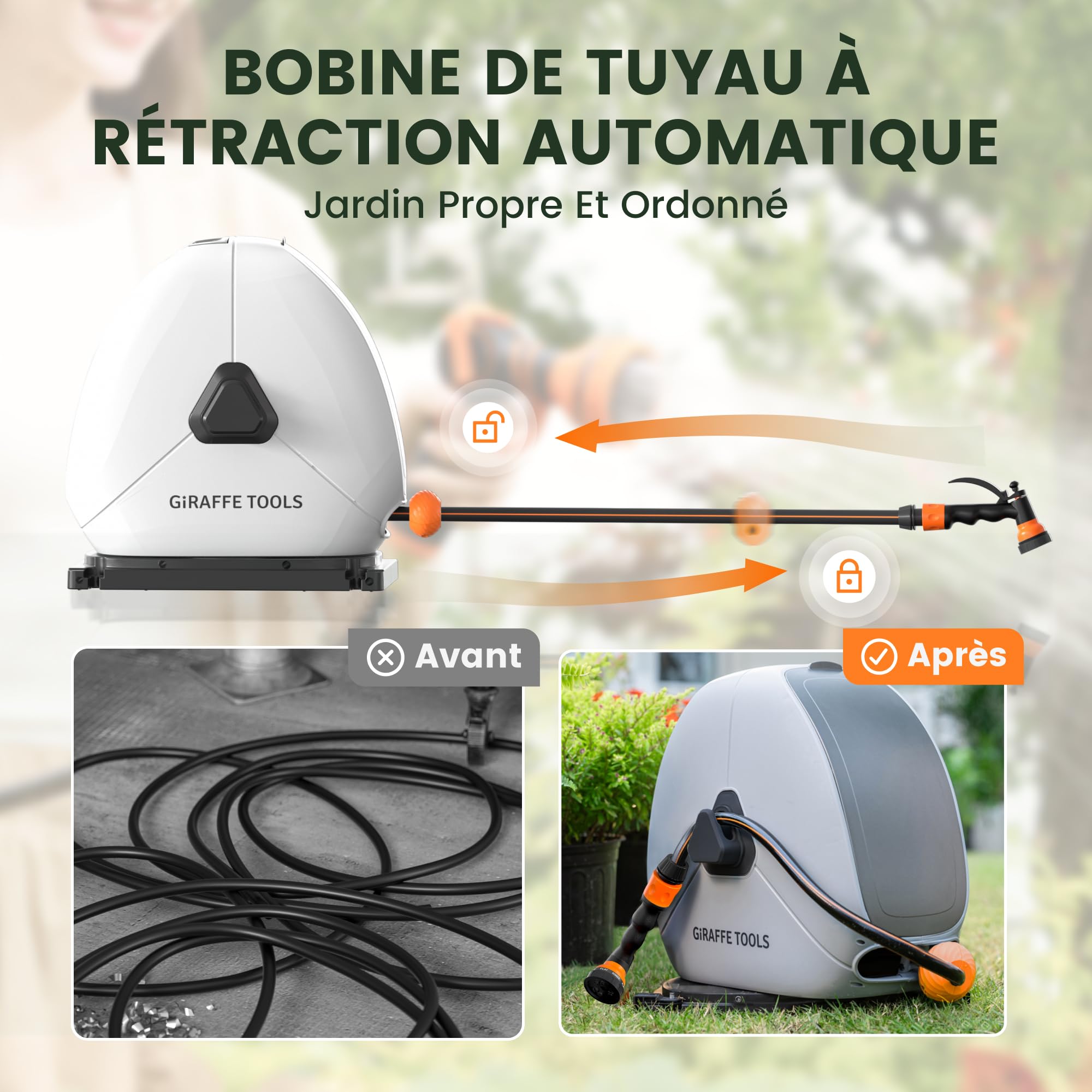 Giraffe Tools Enrouleur de tuyau d'arrosage rétractable de 40 m, très résistant, avec buse de pulvérisation 7 fonctions et 360° base pivotante flexible