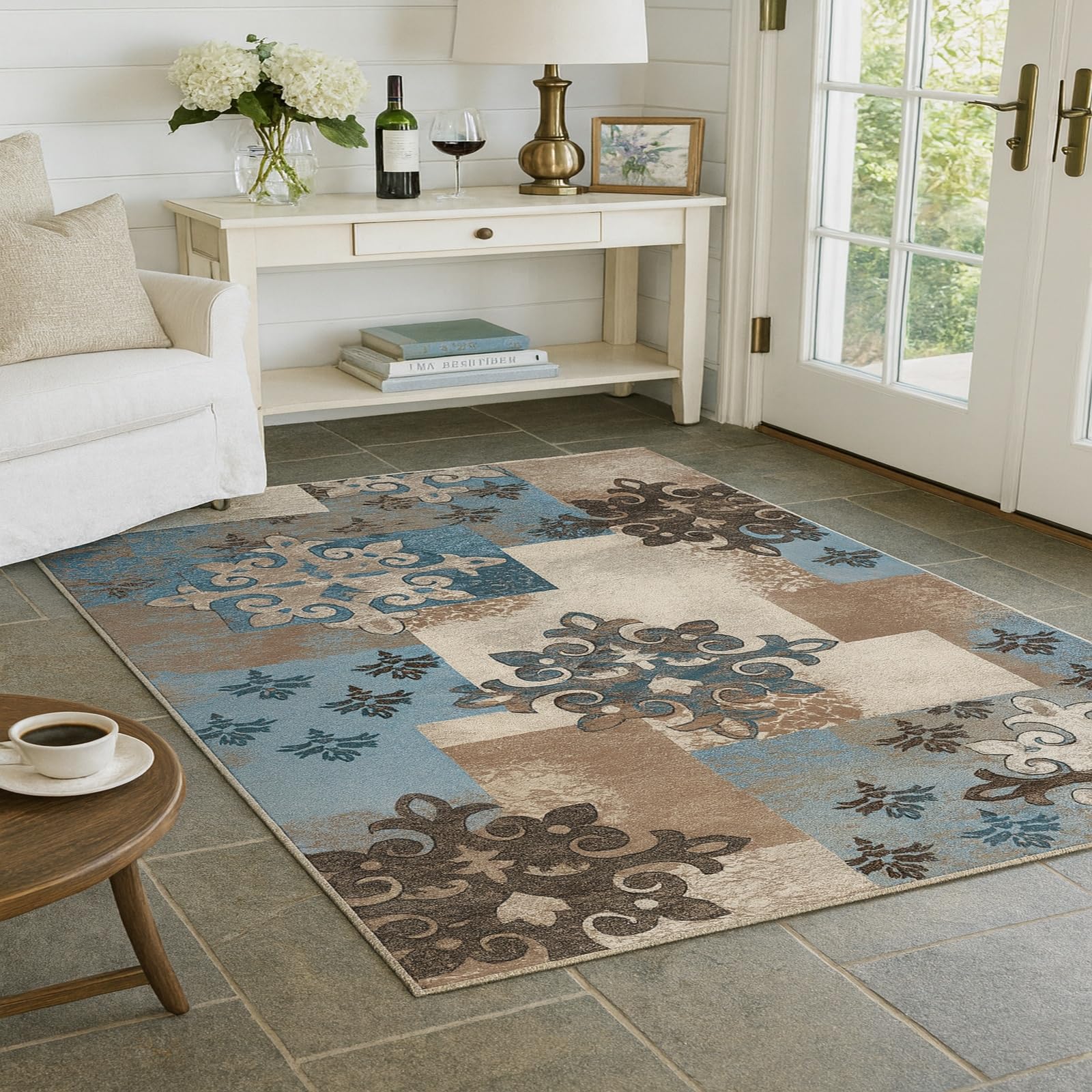 Tapis de salon antidérapant et lavable rectangulaire bleu marron