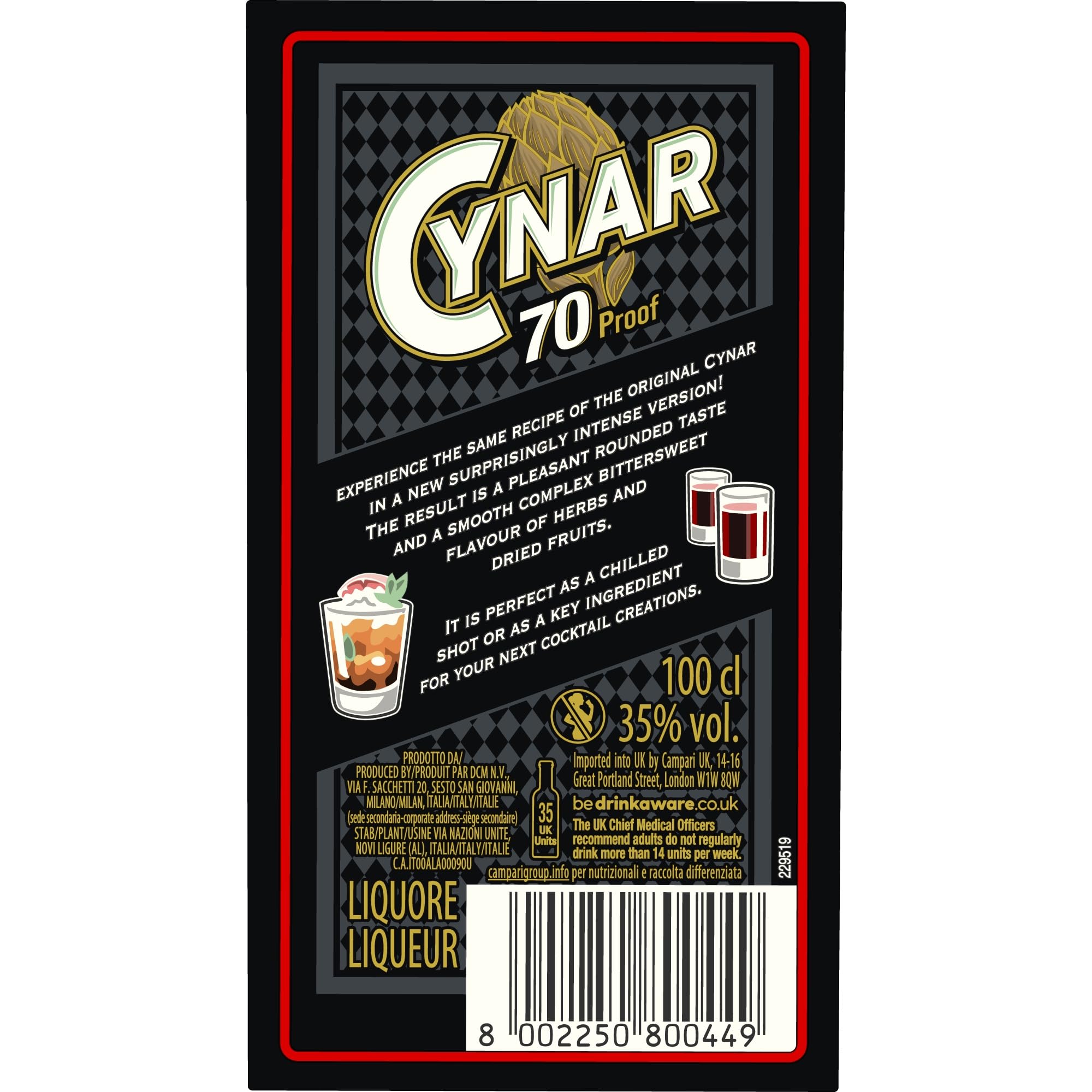 Cynar - 70 Proof, 1 L, Liquore Amaro a Base di Carciofo ed Erbe, 35% Vol