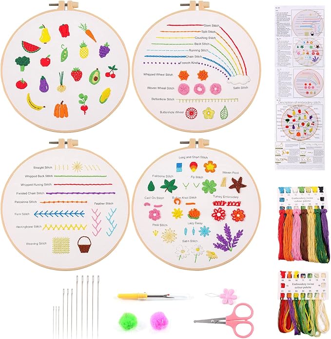 MAMUNU Embroidery Stitches Practice Kit, 4 Set Floral Hand