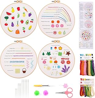 Embroidery Stitches Practice Kit, 4 Set Cross Stitch Hand Embroidery Kit for Beginners Flowers, Embroidery Starter Kit for Adults Kids Easy, Stamped Embroidery Kits with Instructions Embroidery Hoop