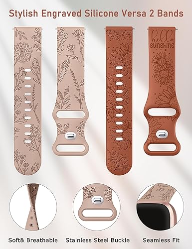 Miniatura 4 de Minyee Paquete de 2 correas con grabado floral compatibles con Fitbit Versa 2Fitbit VersaVersa Lite para mujeres, linda correa deportiva de silicona