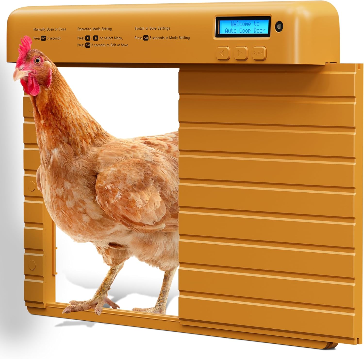 timebal automatic chicken coop door, battery powered coop opener with timer & light sensor mode, auto coops doors with programmable lcd screen for poultry, weatherproof, orange