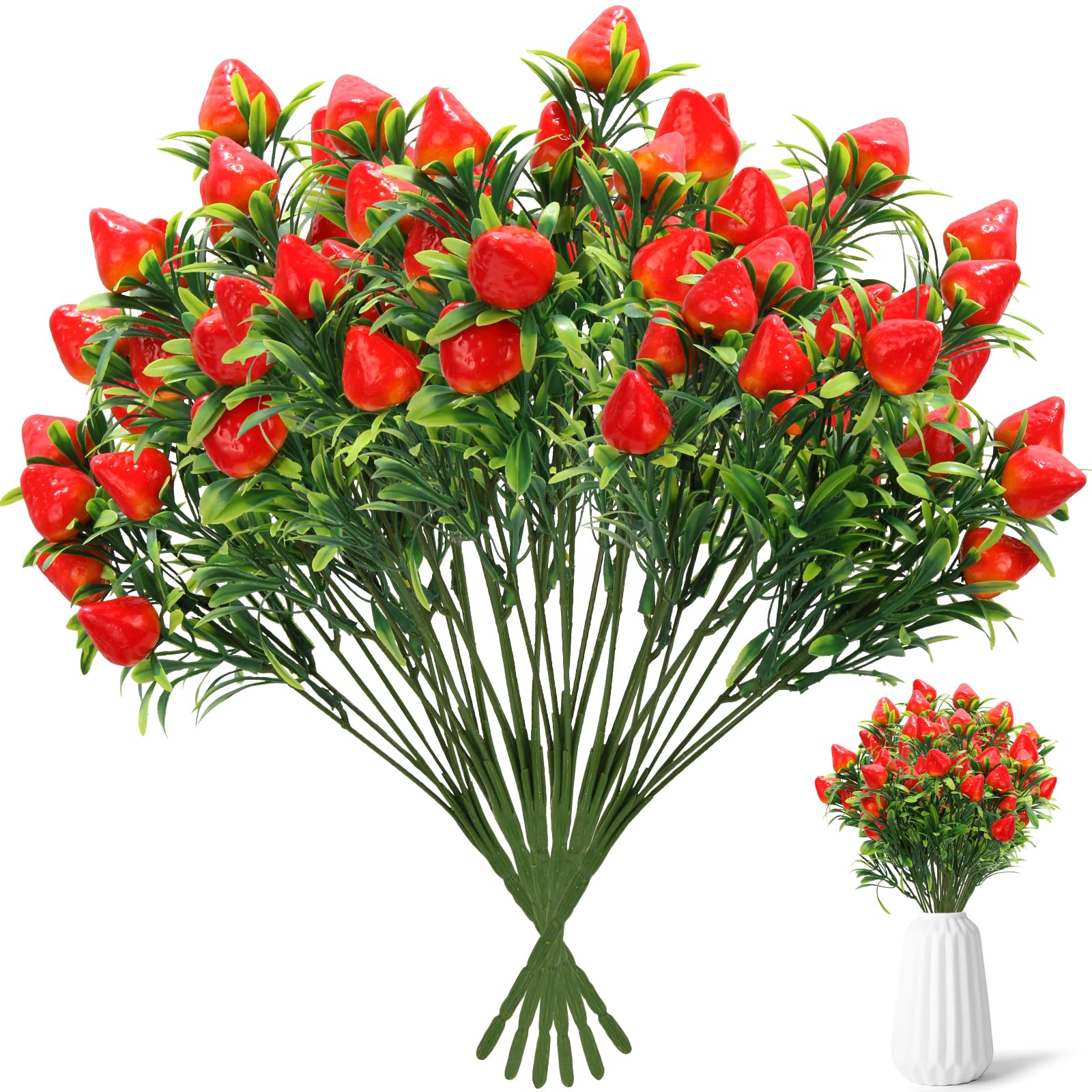6Pcs Fake Strawberries Plants, Artificial Strawberry Vase Centerpieces for Home Tables Decor
