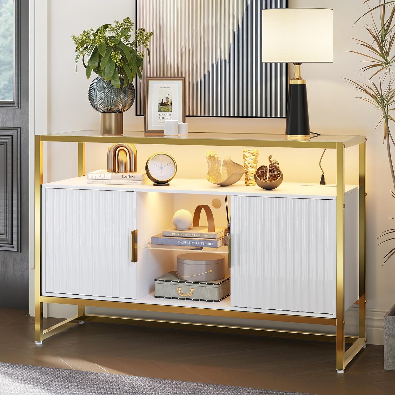 Bestier Sideboard Buffet Cabinet, 47" LED Coffee Bar Cabinet with Power Outlet, Modern Console Table with Glass Shelves for Living Room, Bedroom, Modern White