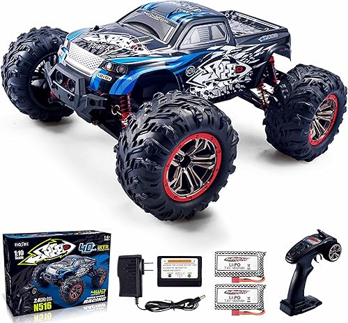110 RTR Fast RC Cars, 30 mph Hobby Electric Off-Road Monster Truck, auto RC de alta velocidad impermeable 4WD auto azul con control remoto con dos