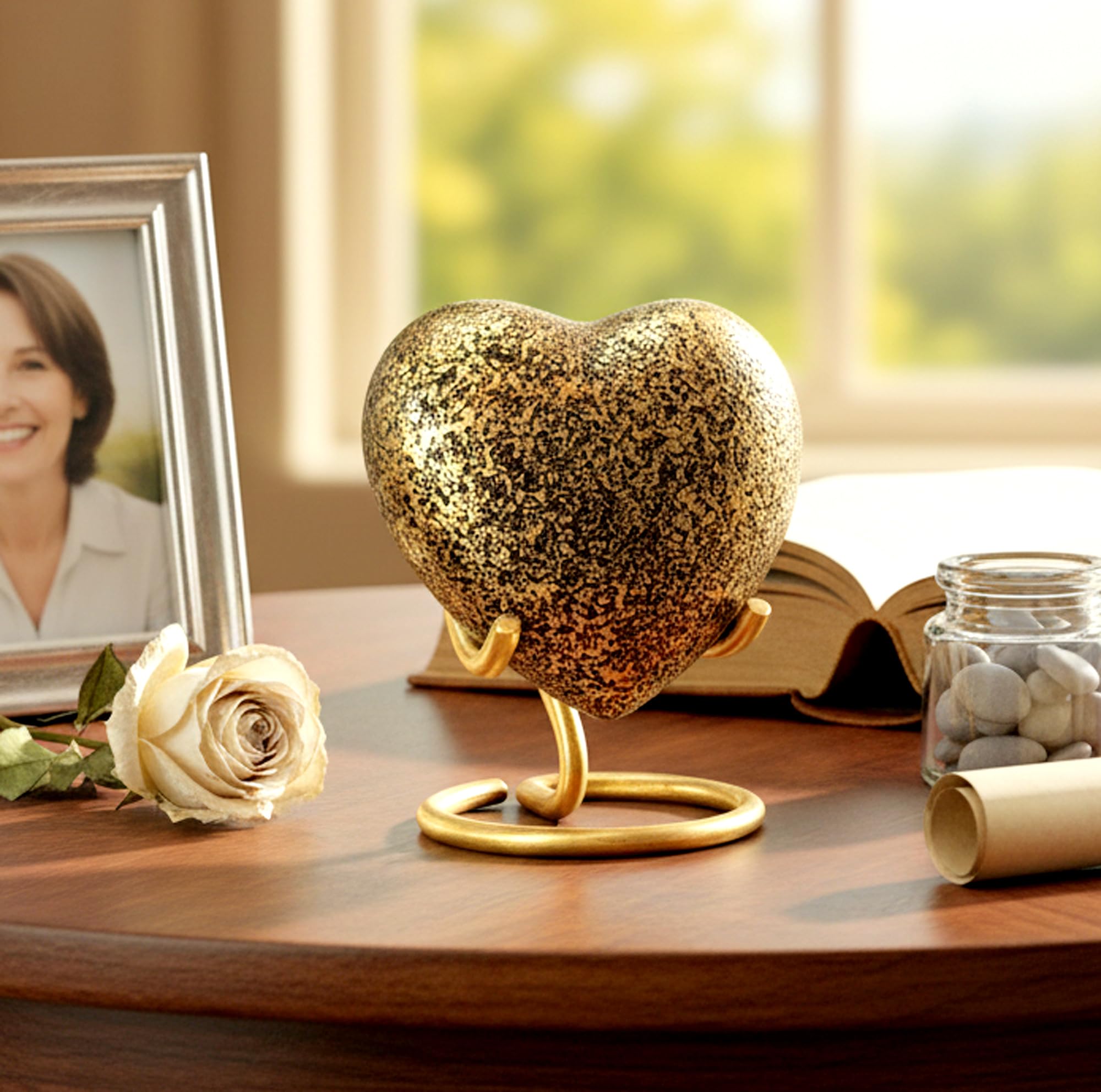 eSplanade Brass Mini Cremation Urn Heart-Shaped Keepsake Memorial Jar Pot Container | Small Urn for Funeral Ashes Burial | Textured Metal Keepsake with Stand | Golden - 2.75" Inches