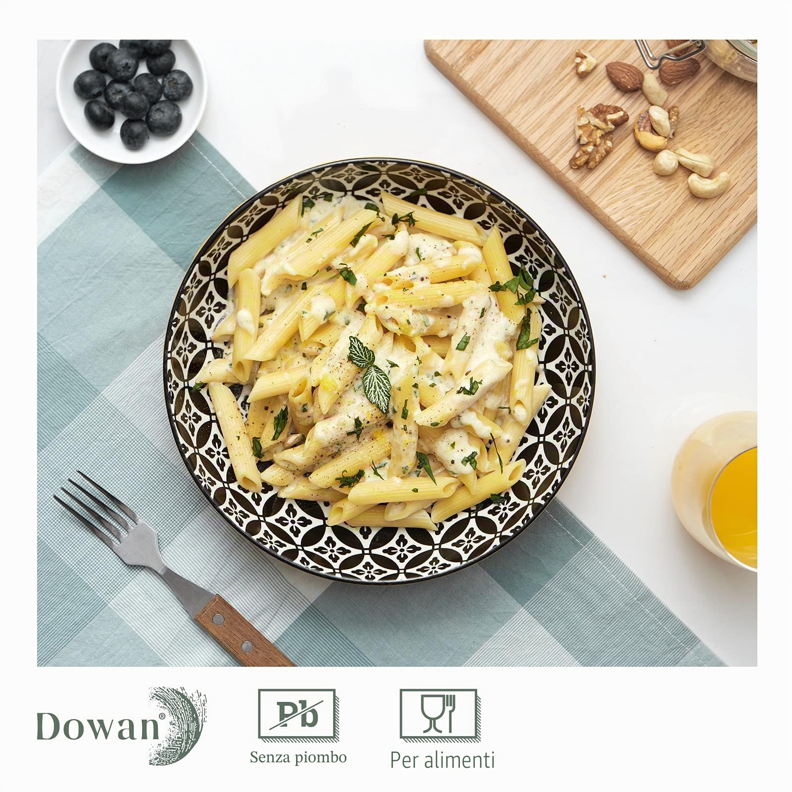 DOWAN Ciotole per Pasta dai Colori Vivaci, Grandi 20,5 cm, in Porcellana Set di 4, Ciotole per Pasta, Insalata, Zuppa, Farina d'Avena, Motivo Misto