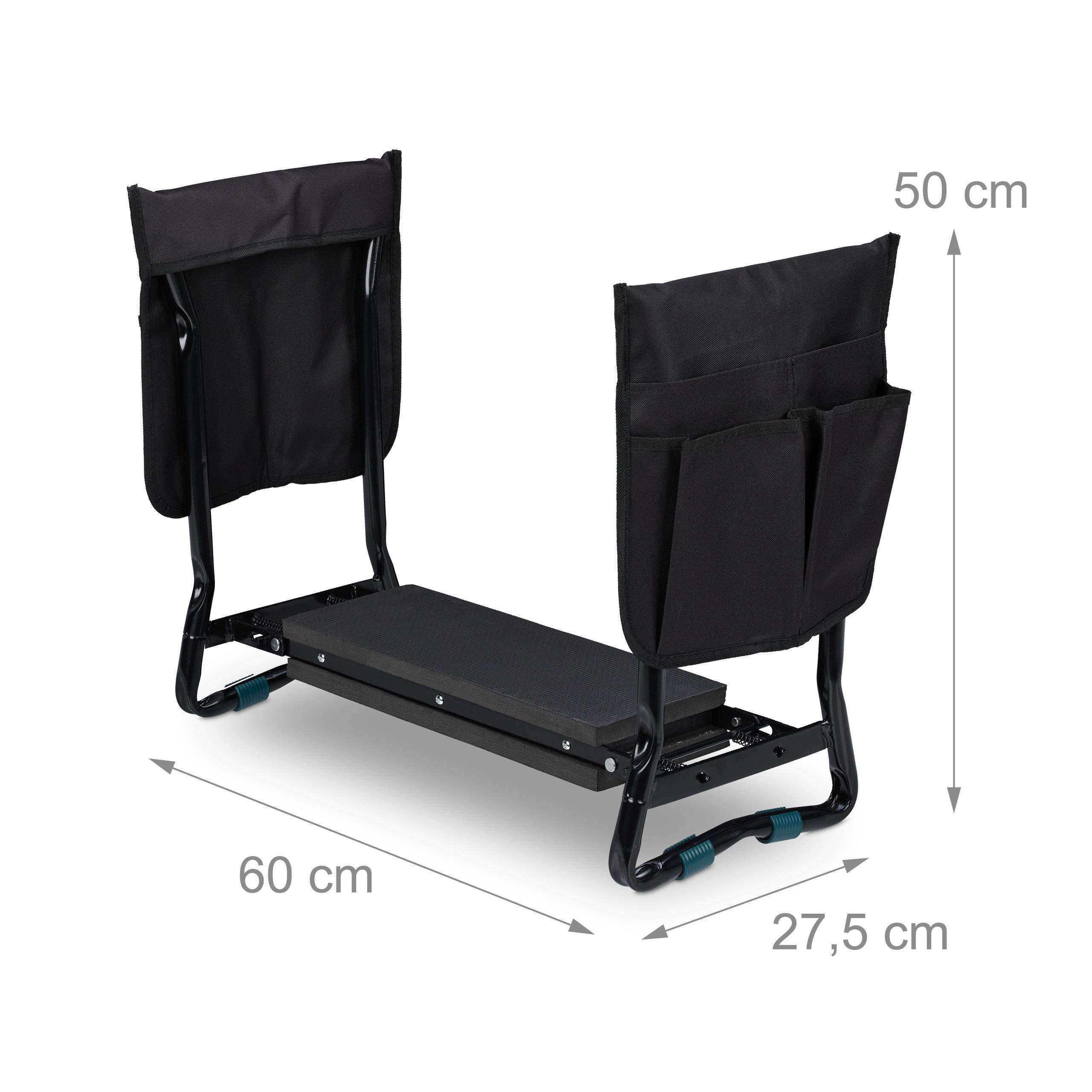 Relaxdays Banco de Rodillas Jardín, Plegable, 150 kg, Incluye 2 Bolsillos, Taburete Apoyarodillas, 50x60x27,5 cm, Negro