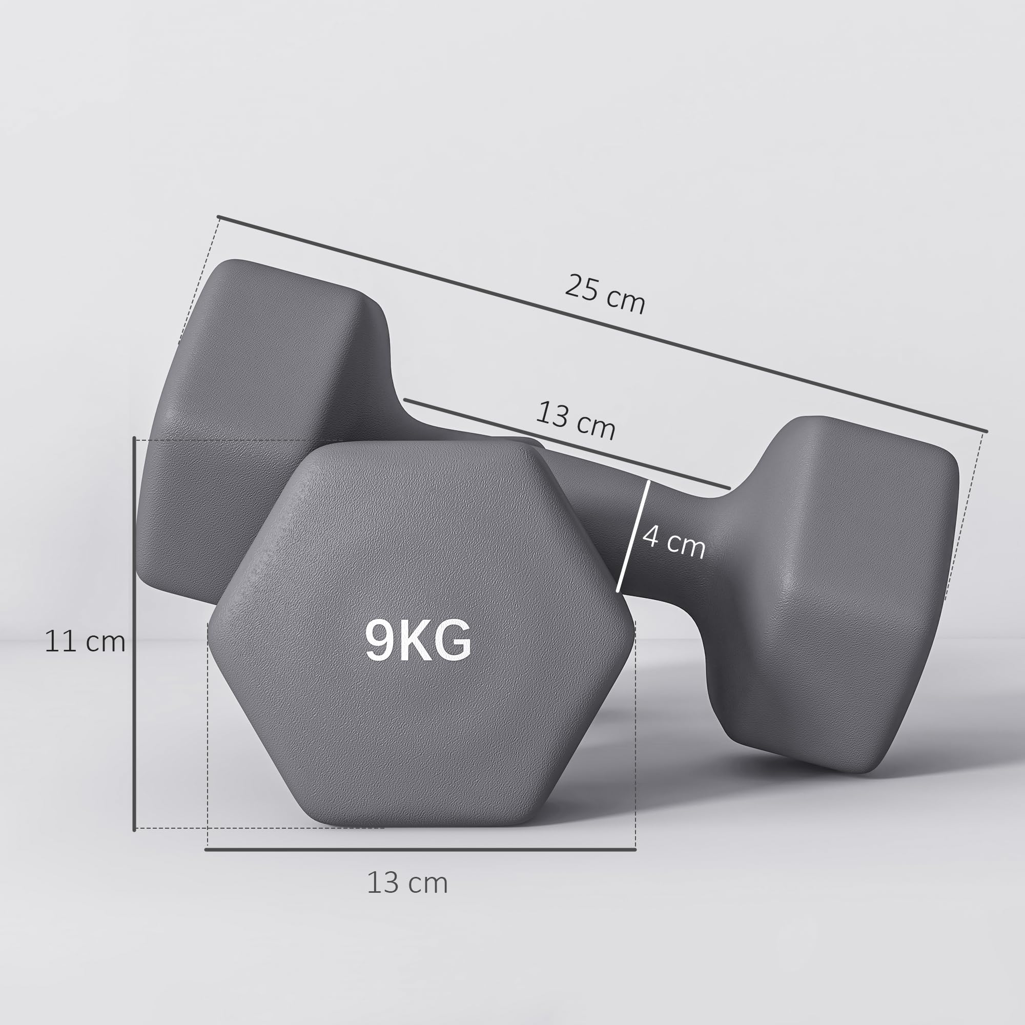 SPORTNOW 2er-Set Sechseckhanteln 9 kg Metall und Kunststoff, 2 Gewichtshanteln mit rutschfestem Griff, 25x11x11 cm, grau | Sechskant-Hantel-Set aus Metall, Krafttraining, Fitness zu Hause, für Männer/Frauen