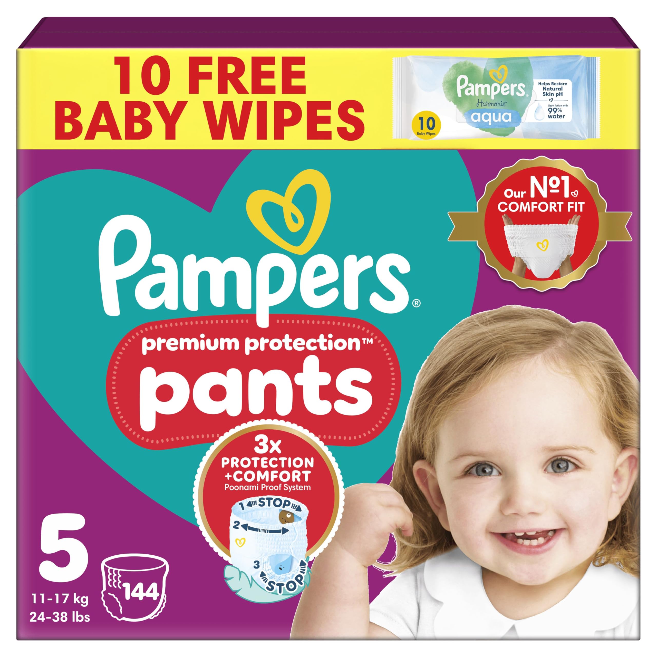 Premium Protection Nappy Pants Size 5, 144 Nappies, 11kg-17kg, Monthly Pack + Pampers Harmonie Aqua Baby Wipes 1 pack of 10 Wipes
