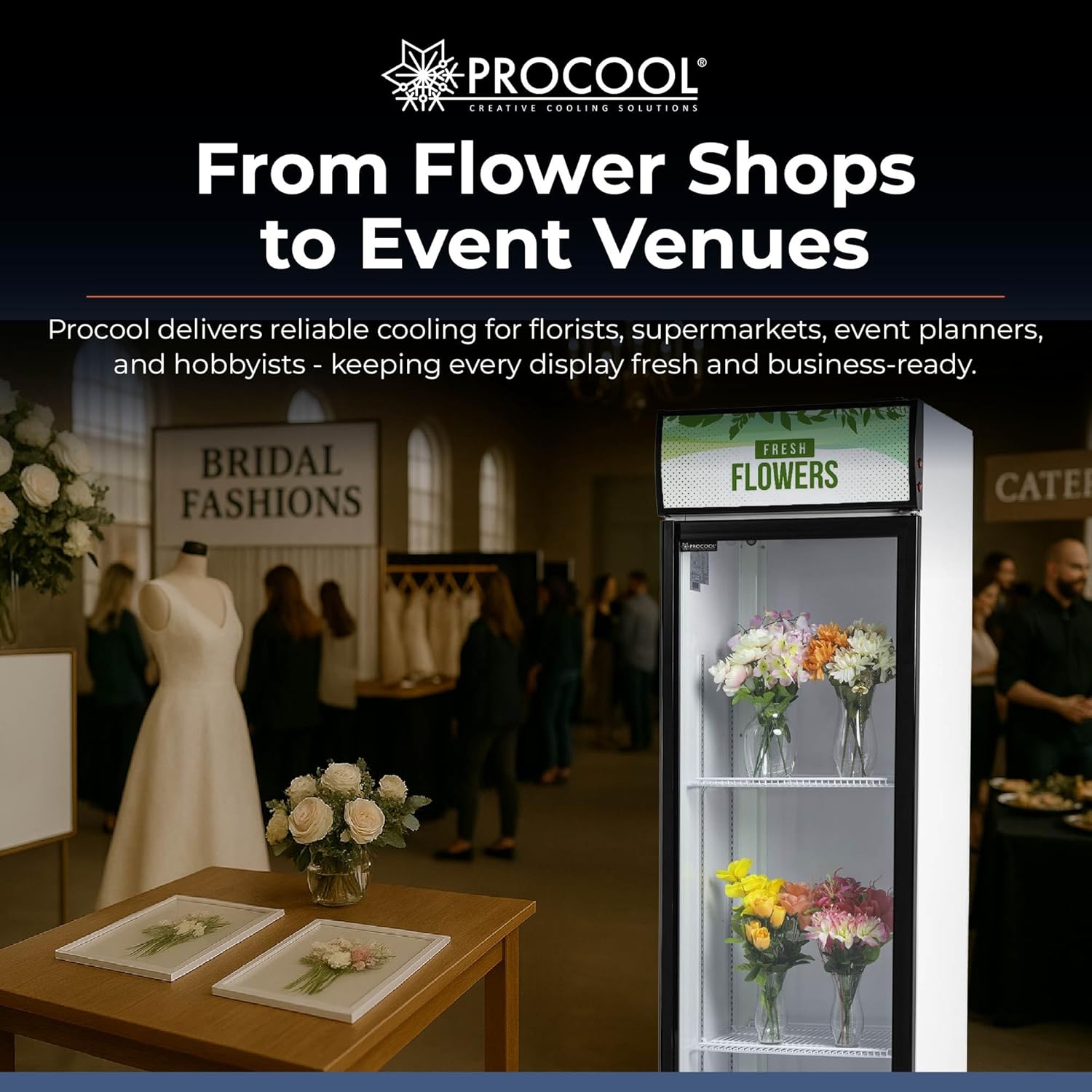 Procool 1-Door Floral Cooler - 12.7 Cubic Ft, 23” Wide, Energy Efficient Flower Fridge With Glass Door, Illuminated Sign, White Interior & LED Lighting - White Flower Refrigerator