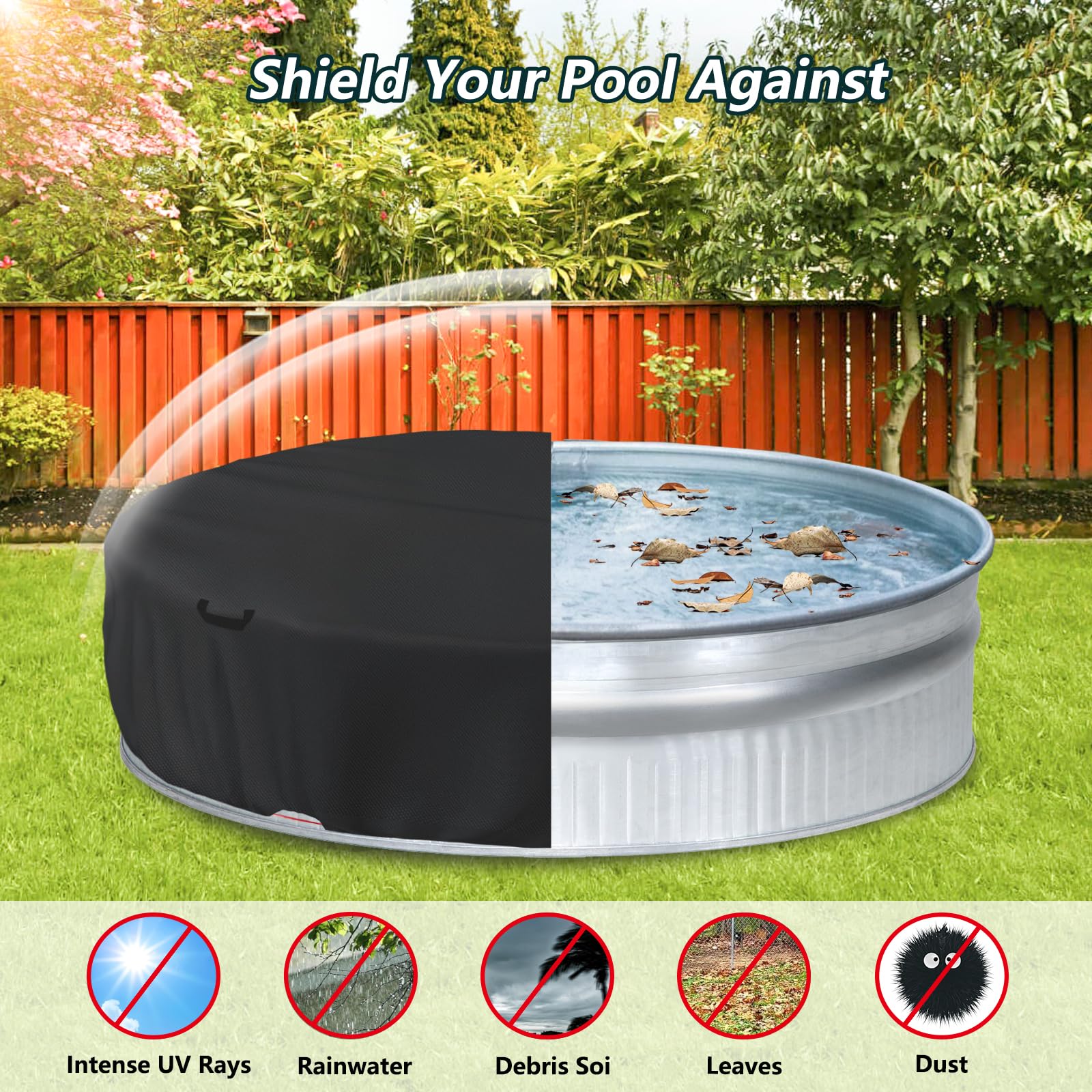 Runde Poolabdeckung aus Stahl, 3 m, wasserdicht, UV-beständig, vollständige Abdeckung, verbessert, mit Drahtseil und Seilwinde, feste Erhöhung der Stabilität (nur Abdeckung)