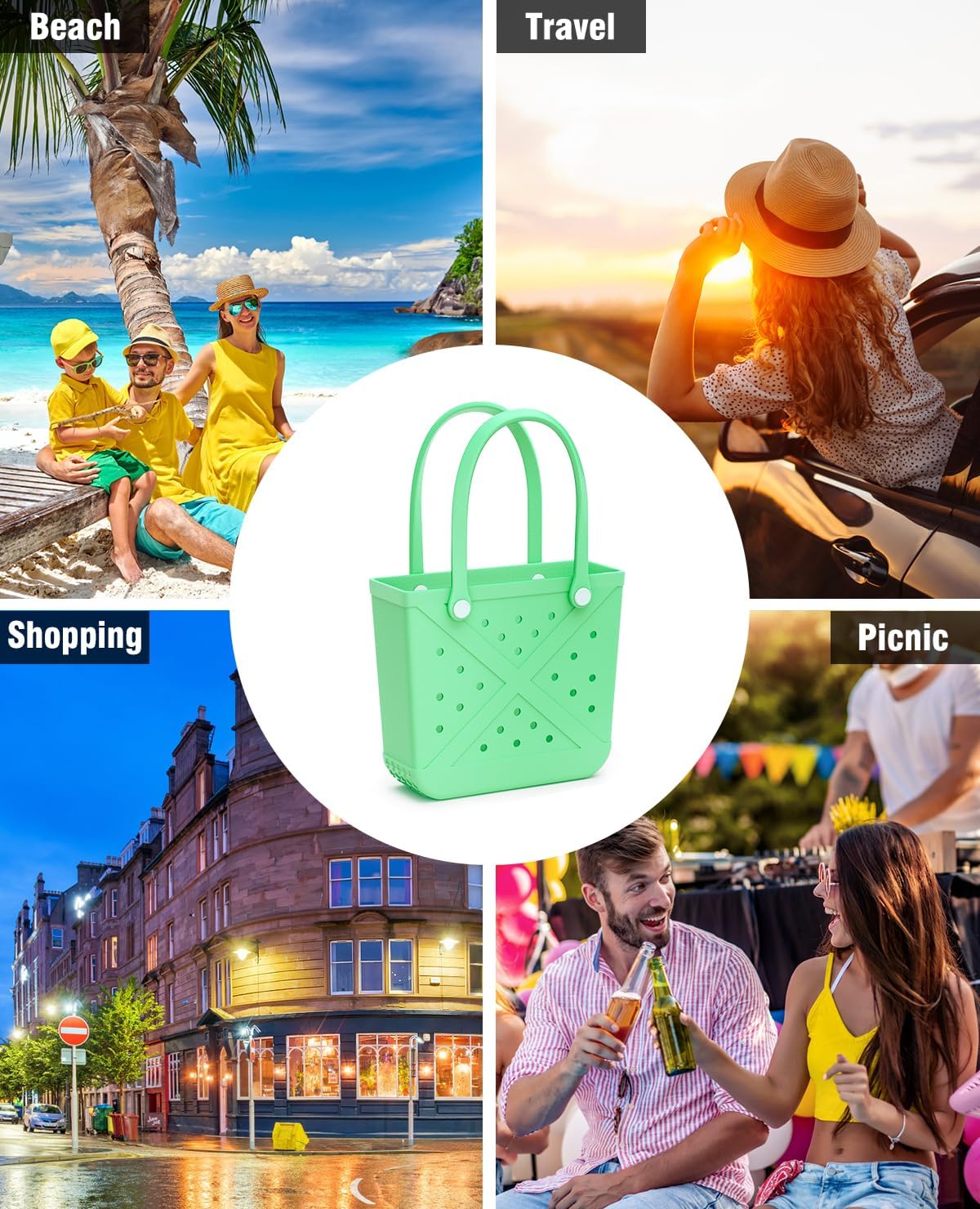 Beach Bag Rubber Tote, Waterproof and Durable Open Hand Bag for Swim Pool Beach Travel