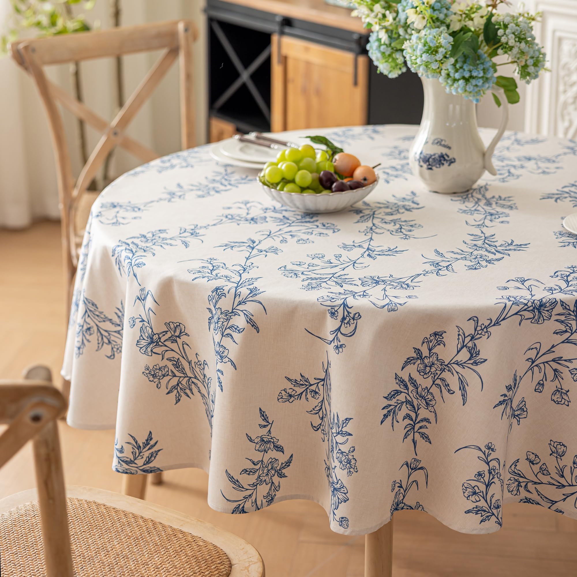 Yeahshion Rechteckige/Runde Schmutzabweisende Tischdecke, Polyester-Leinen-Effekt, wasserdichte Tischdecke für Tischschutz, Esszimmer, Restaurant