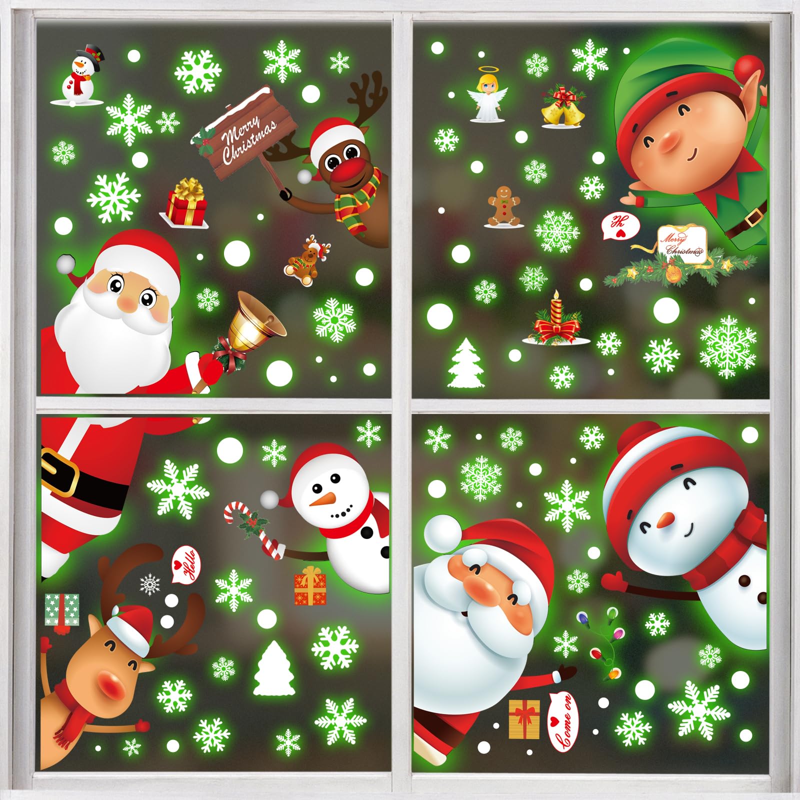 8 Sheets Christmas Window Clings 105pcs,Christmas Window Stickers,Glow in The Dark Xmas Winter Snowflake Stickers, Window Decals Decorations for Party, Christmas Decorations Indoor