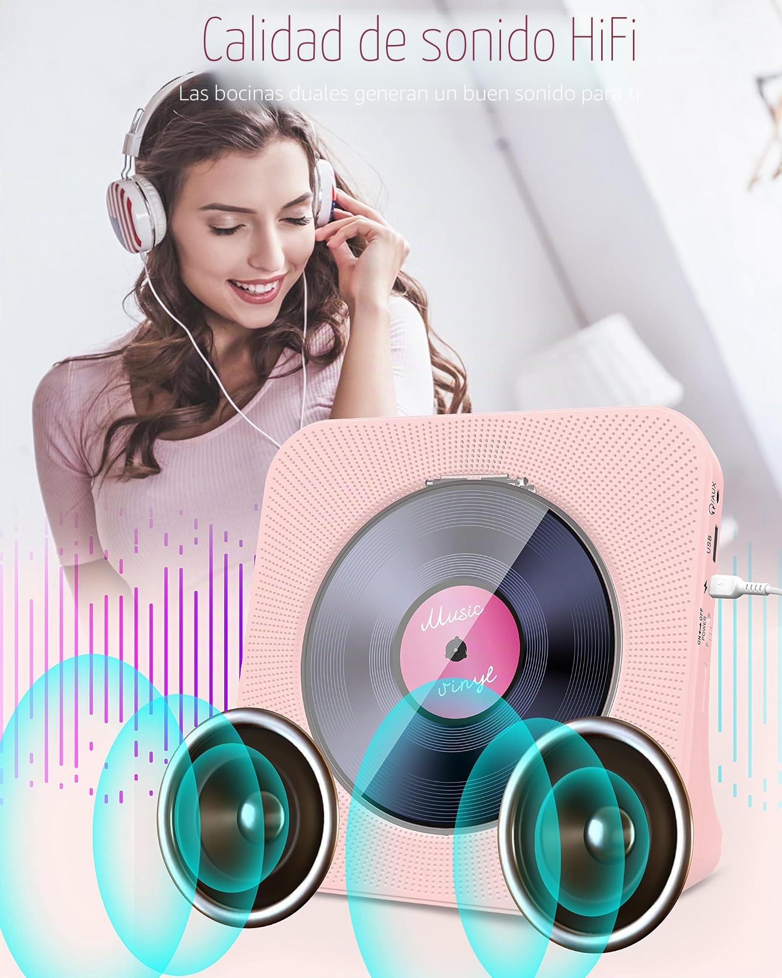 Greadio Reproductor de CD portátil con Bluetooth 5.0, altavoz de sonido de alta fidelidad, reproductor de música de CD con control remoto, cubierta contra el polvo, radio FM, pantalla LED, soporte