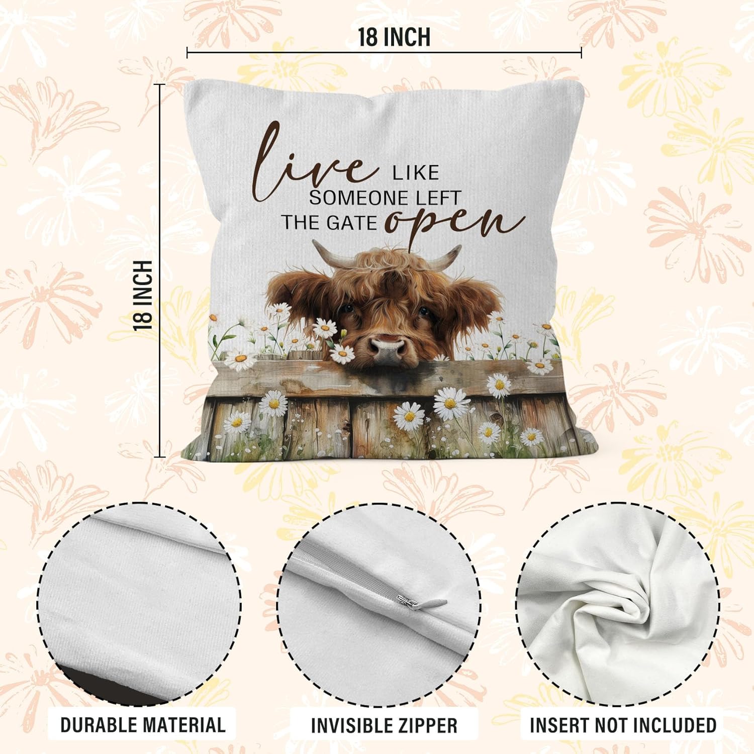 Highland Cow Throw Pillow Covers 18x18,Farmhouse Western Animal Cows Pillow Covers for Home Bedroom Couch, Live Like Someone Left The Gate Open, Highland Cow Gifts - Image 7