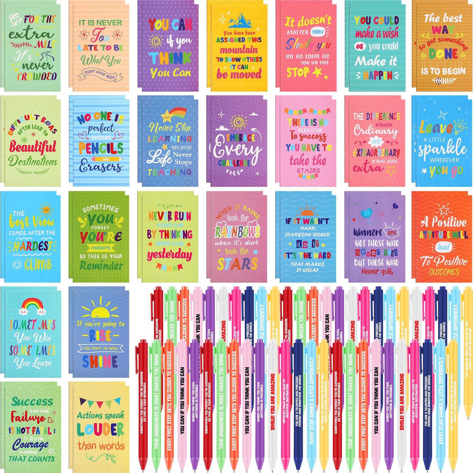 Sabary 100 Pcs Inspirational Notepads Ballpoint Pens Sets Mini Motivational Pocket Notebooks Journals Bulk Christmas Teacher Appreciation Gifts for