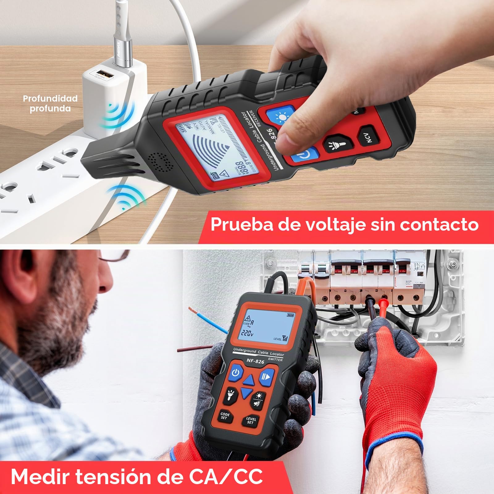 NF-826 - Detector de cables subterráneo, rastreador de cables, comprobador de cables, detector de tubos de metal, rastreador de cables, herramienta para detectar cables de pared y tierra