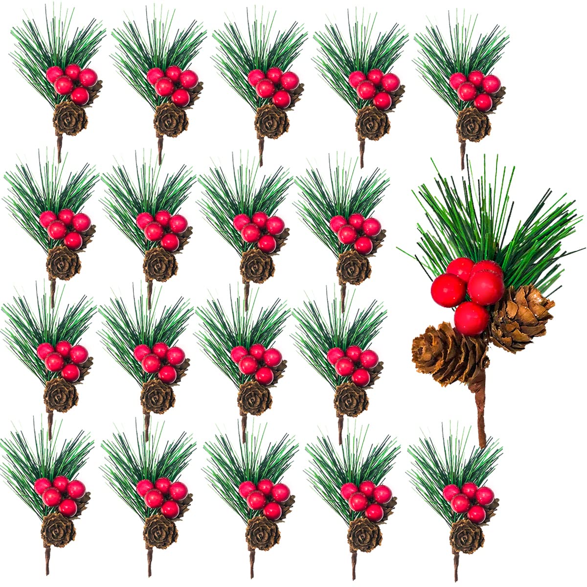 Yountor 18pcs Branch Red Berry Pinecones Pine Needles
