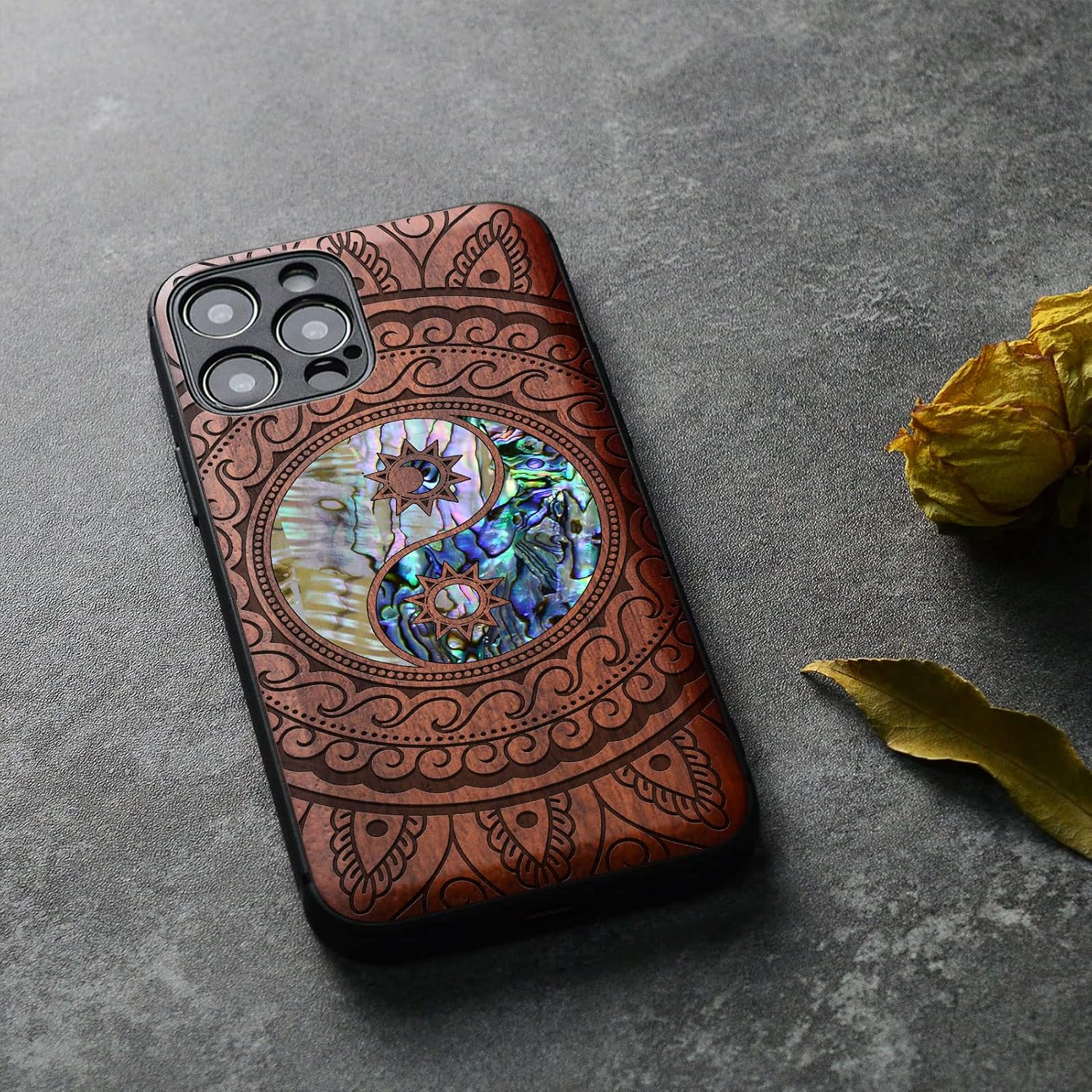 Carveit Designer Wooden Protective Case for iPhone 12 Pro Magnetic Cover [Wood Engraving & Shell Inlay] Compatible with 12 Pro MagSafe (Yin Yang Paisley-Rosy)