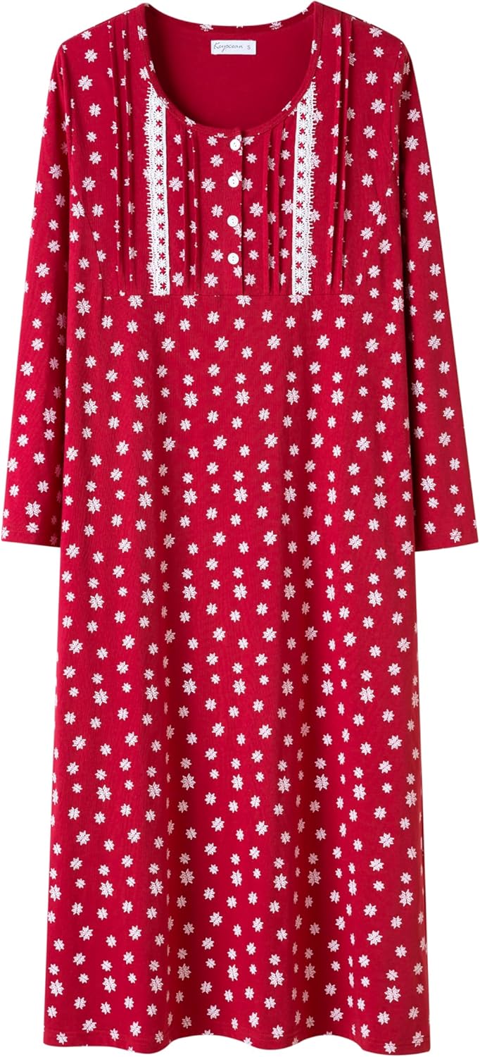 Keyocean Nightgowns for Women with Pockets Soft Cotton Comfy Lightweight Long Sleeves Ladies Nightdress