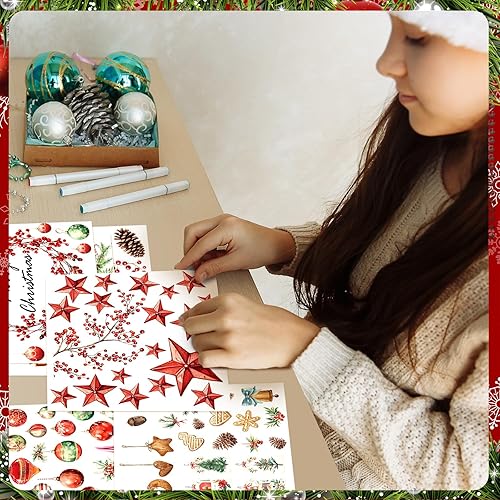 Miniatura 7 de SATINIOR 16 hojas de calcomanías de Navidad para manualidades y muebles, calcomanías de árbol de Navidad, muñeco de nieve, bayas rojas, calcomanías