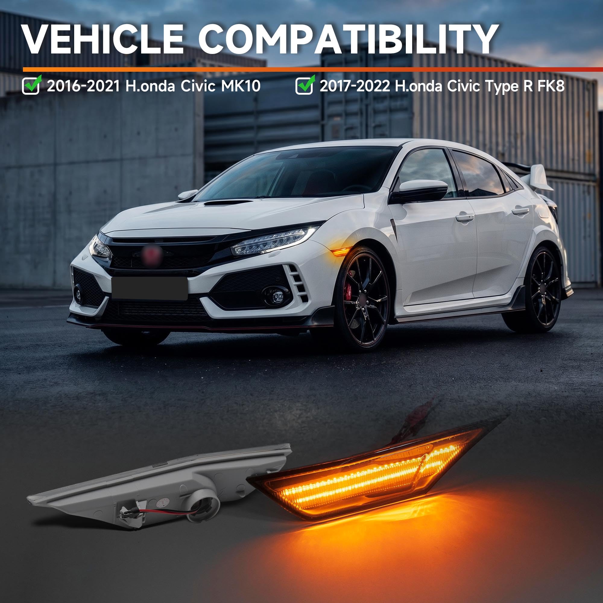 Boczne światła pozycyjne LED przydymione do Honda Civic Sedan MK10 2016 2017 2018 2019 2020 2021 - przednie światła boczne bursztynowe LED - Canbus kierunkowskazy bez błędów