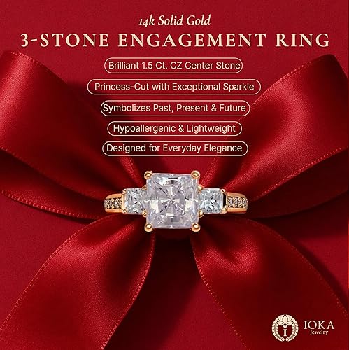 Miniatura 6 de Ioka - Anillo de compromiso de circonita cúbica de talla princesa de 3 piedras de oro macizo de 14 quilates de 1,5 quilates para mujer Anillo de