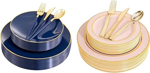 Liacere 150 platos de plástico azul, cubiertos de plástico dorado y platos de plástico rosa de 150 CPS con borde dorado, plástico desechable rosa