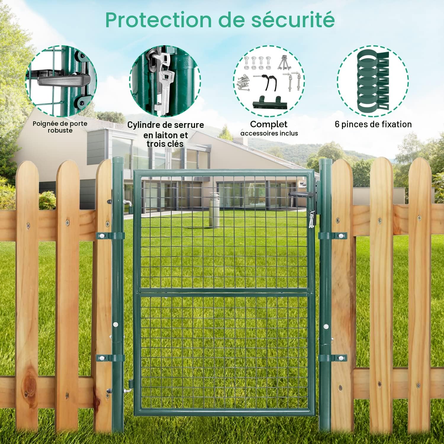 Fiqops Portail de jardin, 125 x 100 cm, vert, en acier galvanisé, avec serrure, poignée de porte et 3 clés, résistant aux intempéries, robuste et durable