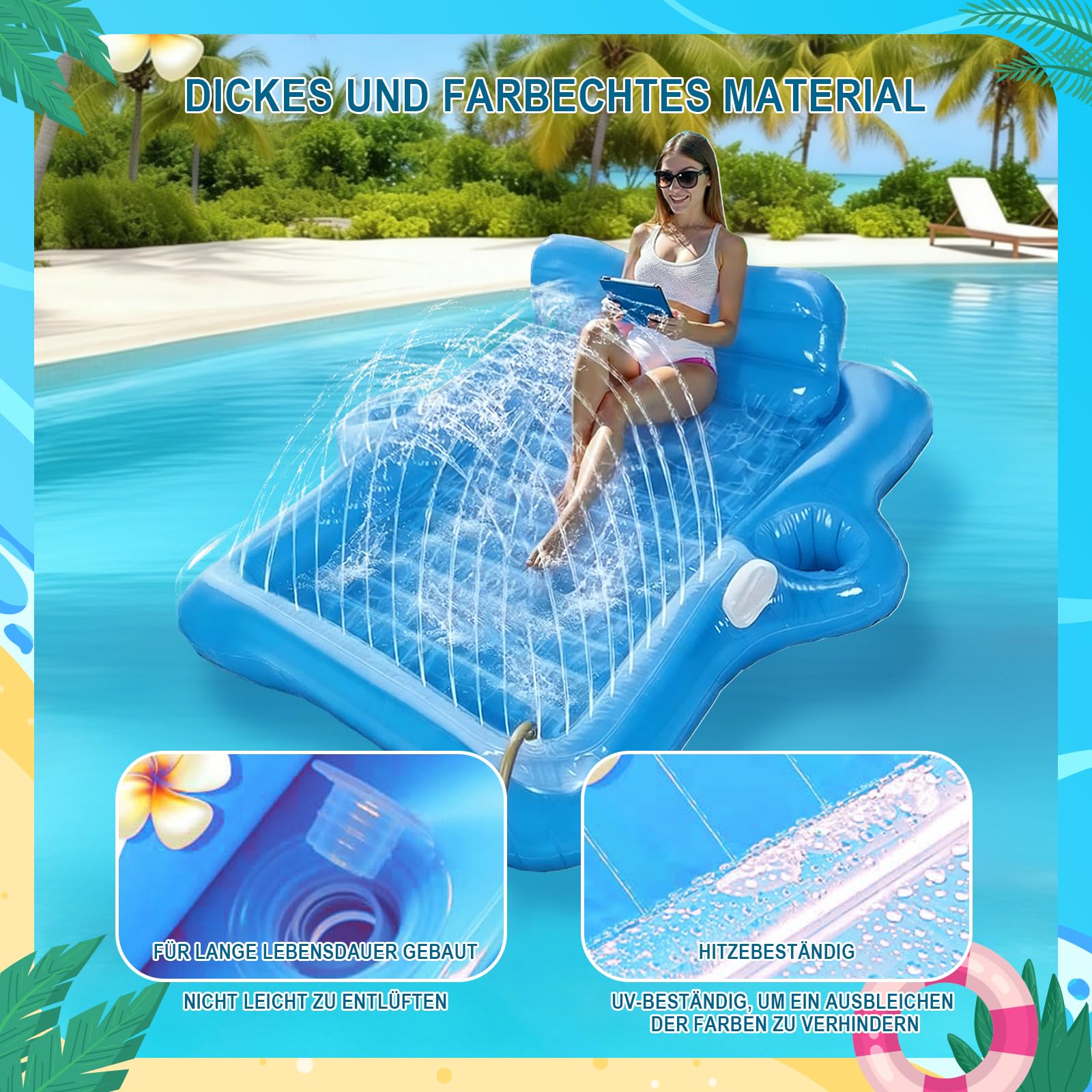 Cama hinchable azul con soporte para tazas, colchón de aire bronceado piscina adulto, mango y respaldo de verano, piscina portátil, grande, inflable para adultos, piscina, playa, diversión de verano