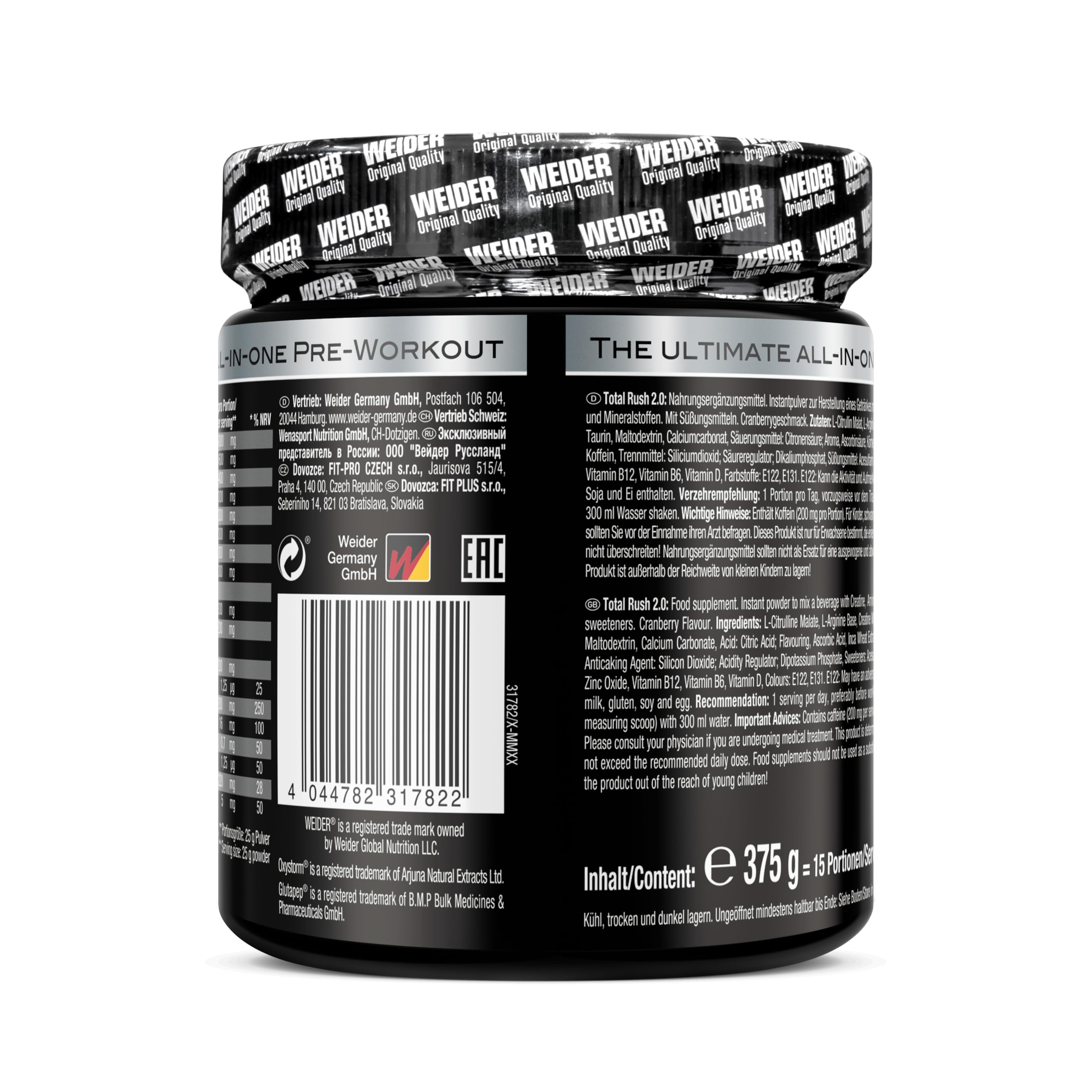 Weider Total Rush 2.0, 375g, Cranberry | Hochintensives Pre-Workout Pulver, Mit L-Citrullin, L-Arginin, Kreatin & Koffein