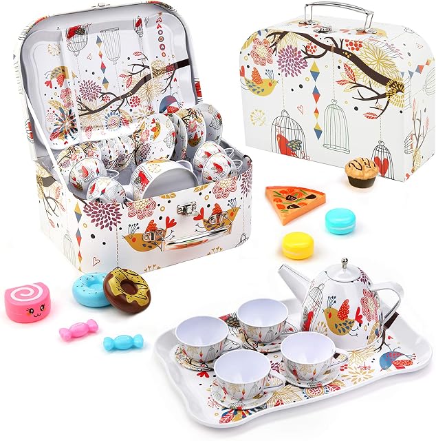 Kids Tin Tea Set Metal Teapot Sets with Tray Pretend Role Play Tea Sets & Carrying Case Toy for Children- Birds & Flowers