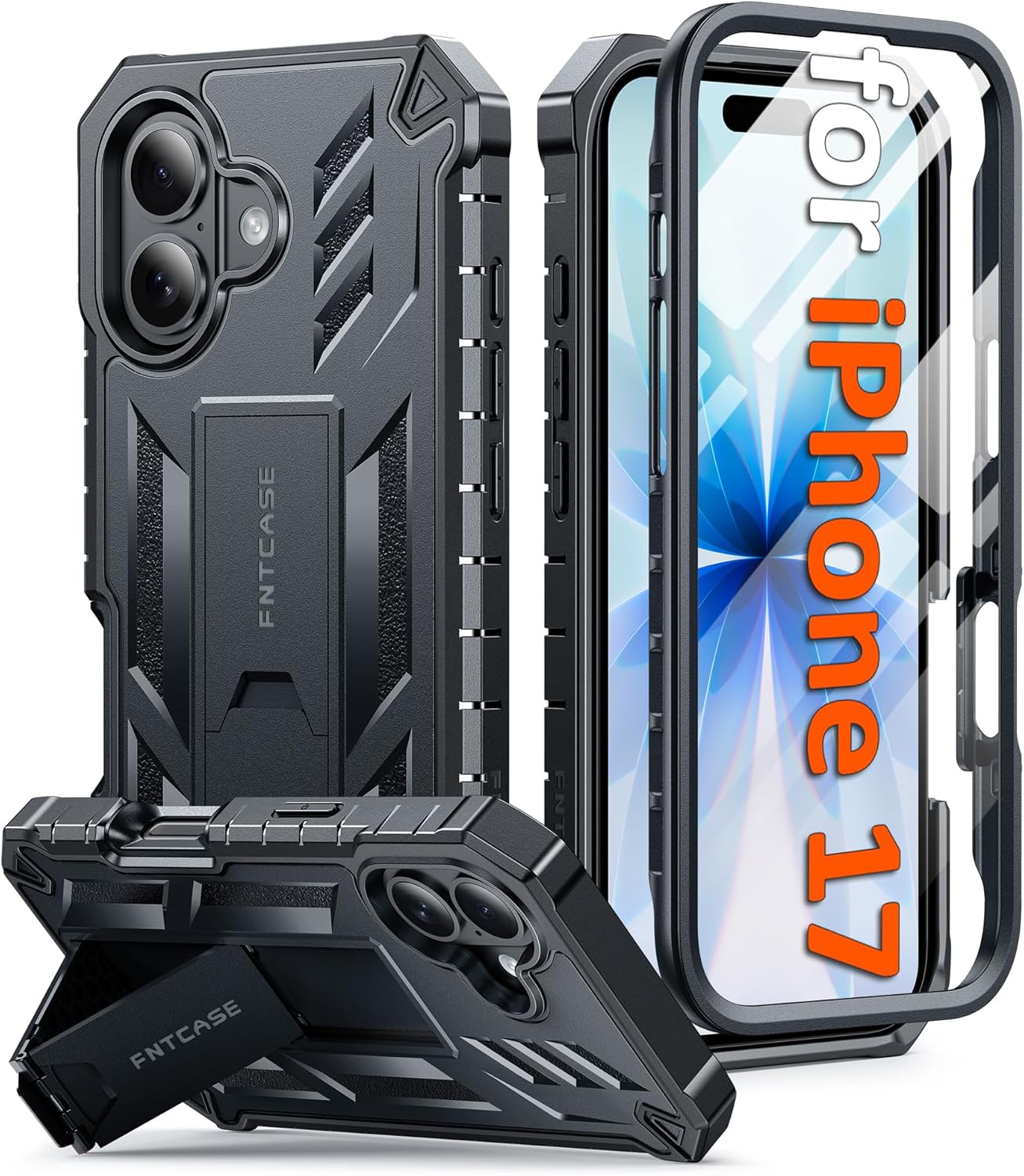 FNTCASE for iPhone 17 Phone Case: Military Grade Drop Proof Protection Mobile Cover with Kickstand | Matte Textured Rugged Shockproof TPU | Protective Sturdy Phone Case - 6.3 inch Black