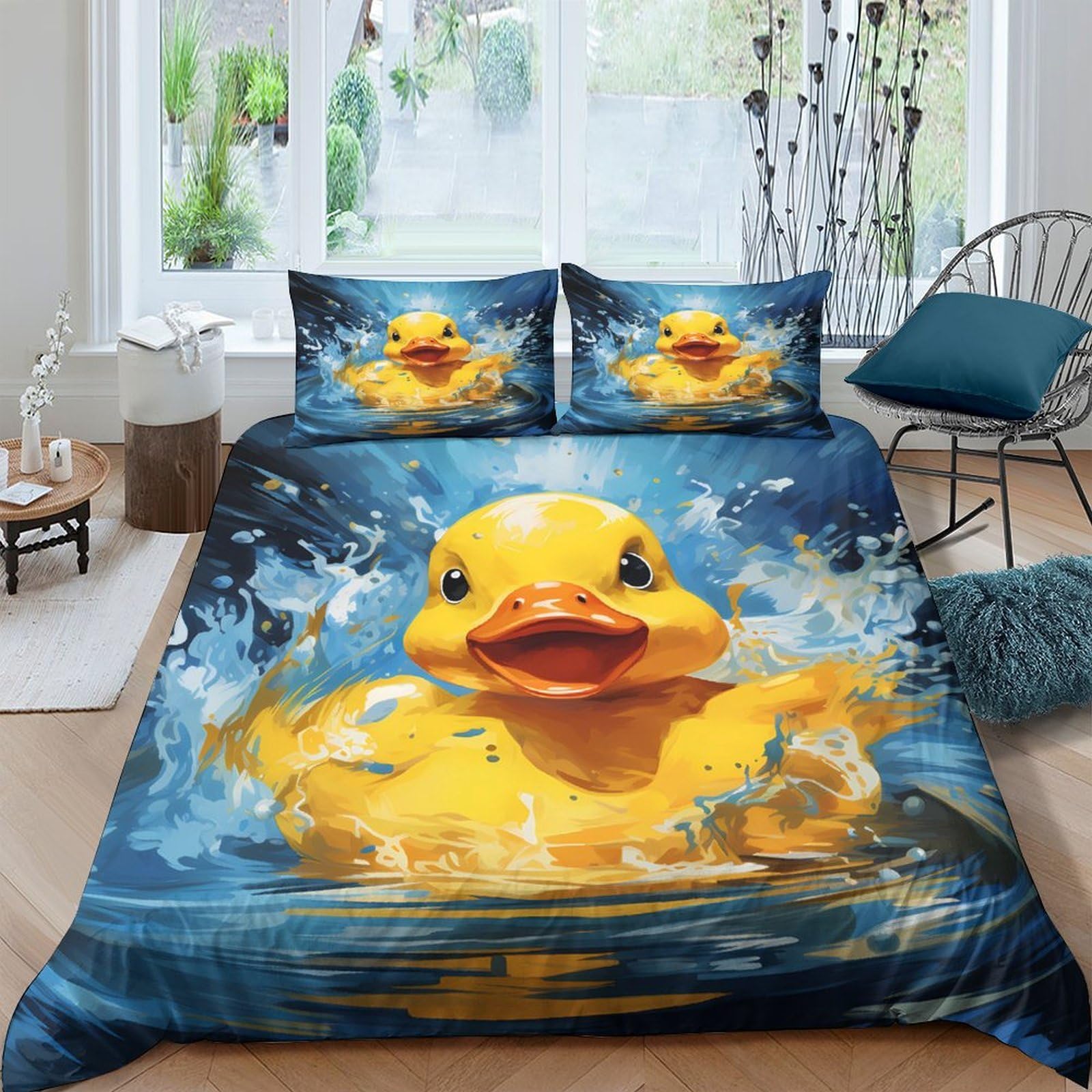 Gummi Ente Splash 3-teiliges Reines Polyester Cartoon spielerischer Stil Bettbezugset, Versteckter Reißverschluss, Für Kleinkinder, Babysicher & Gifffrei, Pflegeleicht King（220x240cm）