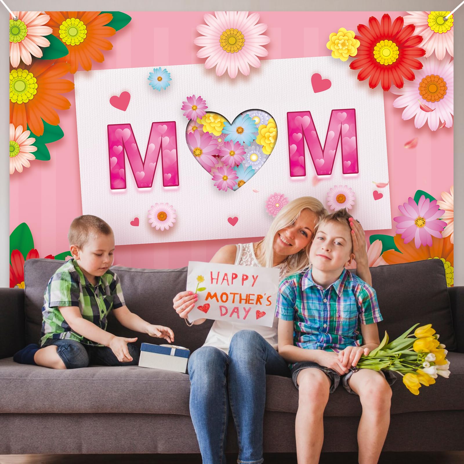 PartyYaa Mothers Day Decoration, Mother's Day Backdrop Banner, I Love You MOM Background - Image 4