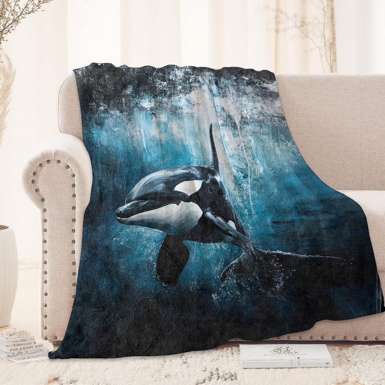 Orca Whale Ocean Blanket 50X60 in, Flannel Throw Blankets for Travel Camping Sofa Living Room Decor, Lightweight Cozy Soft Fuzzy Gifts for Women Adults Kids - Image 2