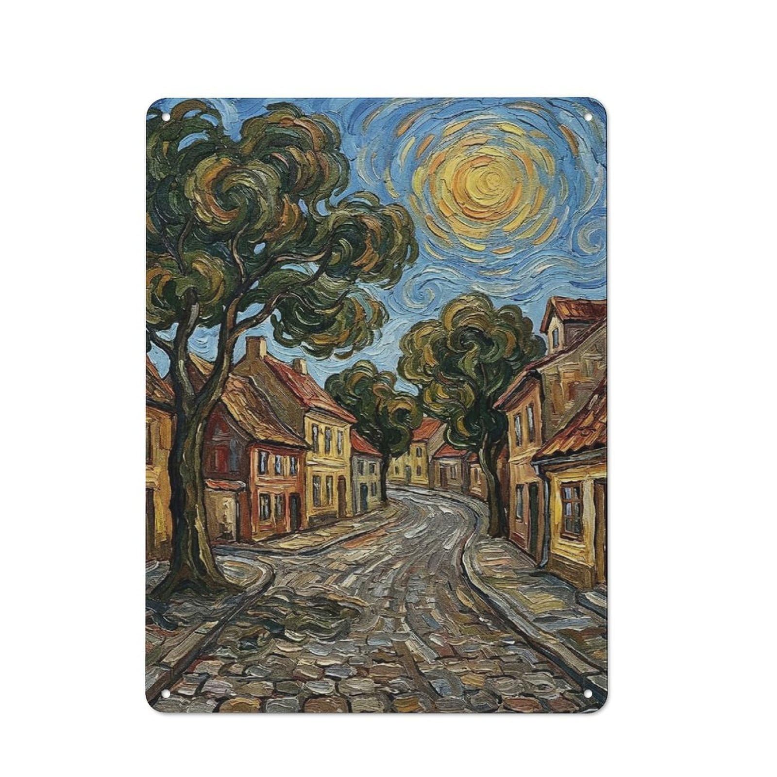 Junmoney Style-13 Impressionist Street Scene With Swirling Sky Vintage Metal Sign 40X30cm, Shop Front Style Cafe Wall Decor For Takeaway, Bar, Kitchen Or Counter Area