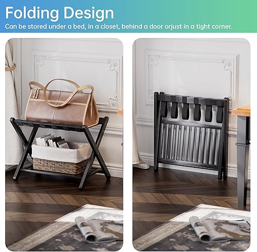 Miniatura 5 de SMIBUY Portaequipajes, juego de 2, soporte plegable de bambú para maleta con estante de almacenamiento para habitación de invitados, dormitorio,