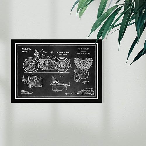 Miniatura 2 de Wynwood Studio Impresiones artísticas enmarcadas de transporte para pared, diseño de Harley Engine 1923 Set Horiz Chalkboard, motocicletas,