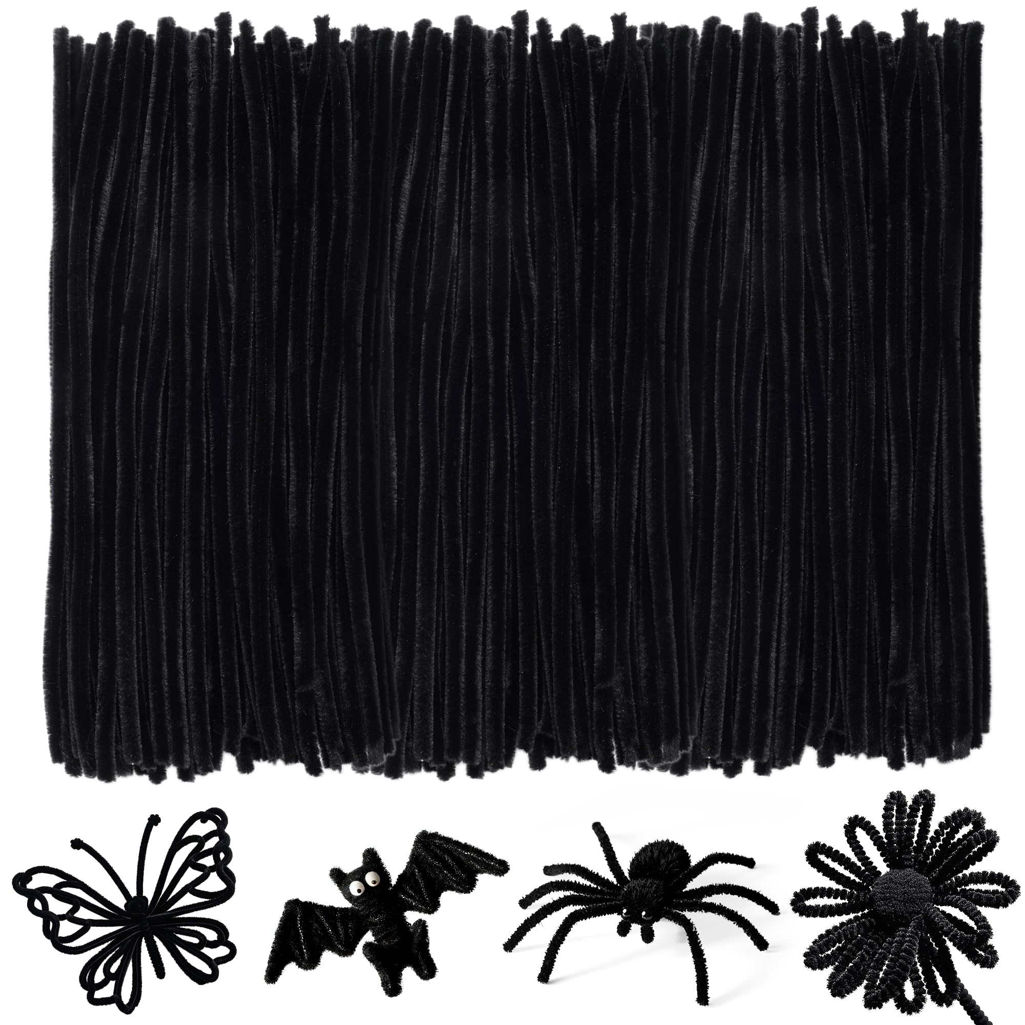 YONOVO 300 Pcs Black Pipe Cleaners for Crafts Hair Locs Bulk 8mm Thick 12 inch Long, Pipecleaners Chenille Stems Fuzzy Sticks Wire Tiges Chenilles Bendable for Kids DIY Craft Supplies