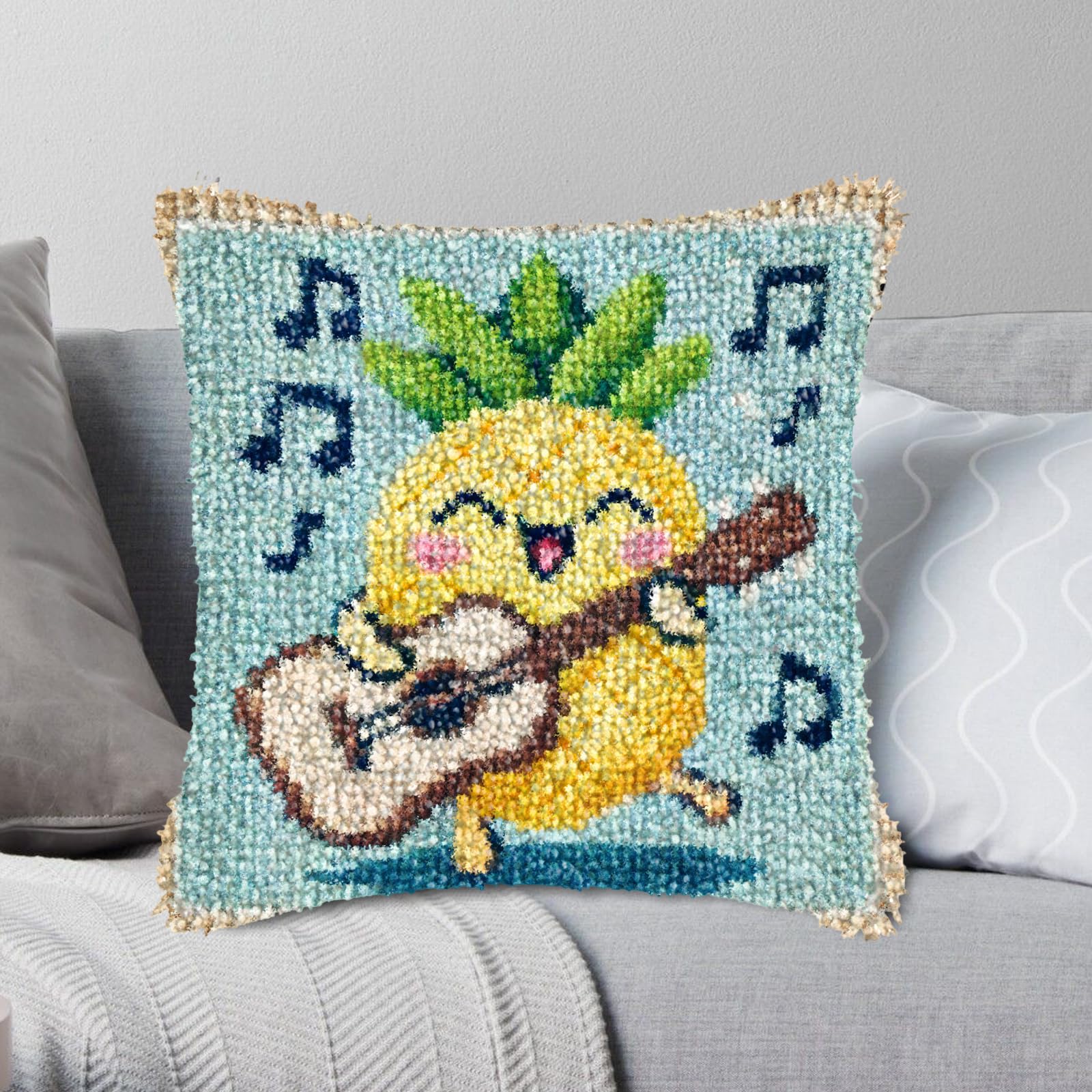 YP Handmade Pillowcase Pineapple Guitarist Latch Hook Kit - 18x18 Inch DIY Craft for Adults Beginners, Beginner-Friendly Design for Throw Pillows &