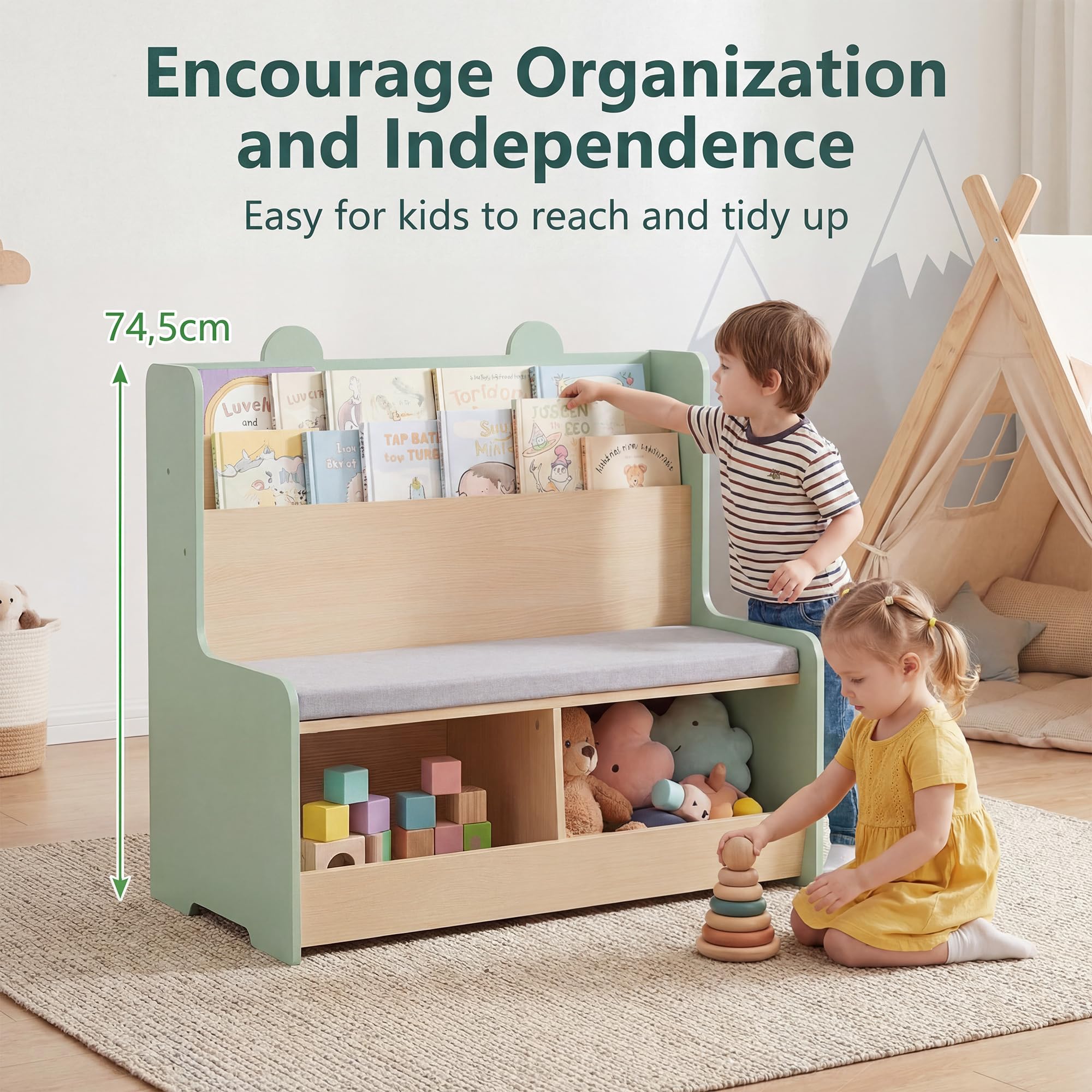 LIFEZEAL Bibliothèque Enfant avec Banc, Étagère à Livres à 2 Niveaux & 2 Compartiments Range-Jouets, Assise Rembourrée, Meuble Rangement pour Chambre d’Enfant, Crèche, pour 3+ Ans (Vert)