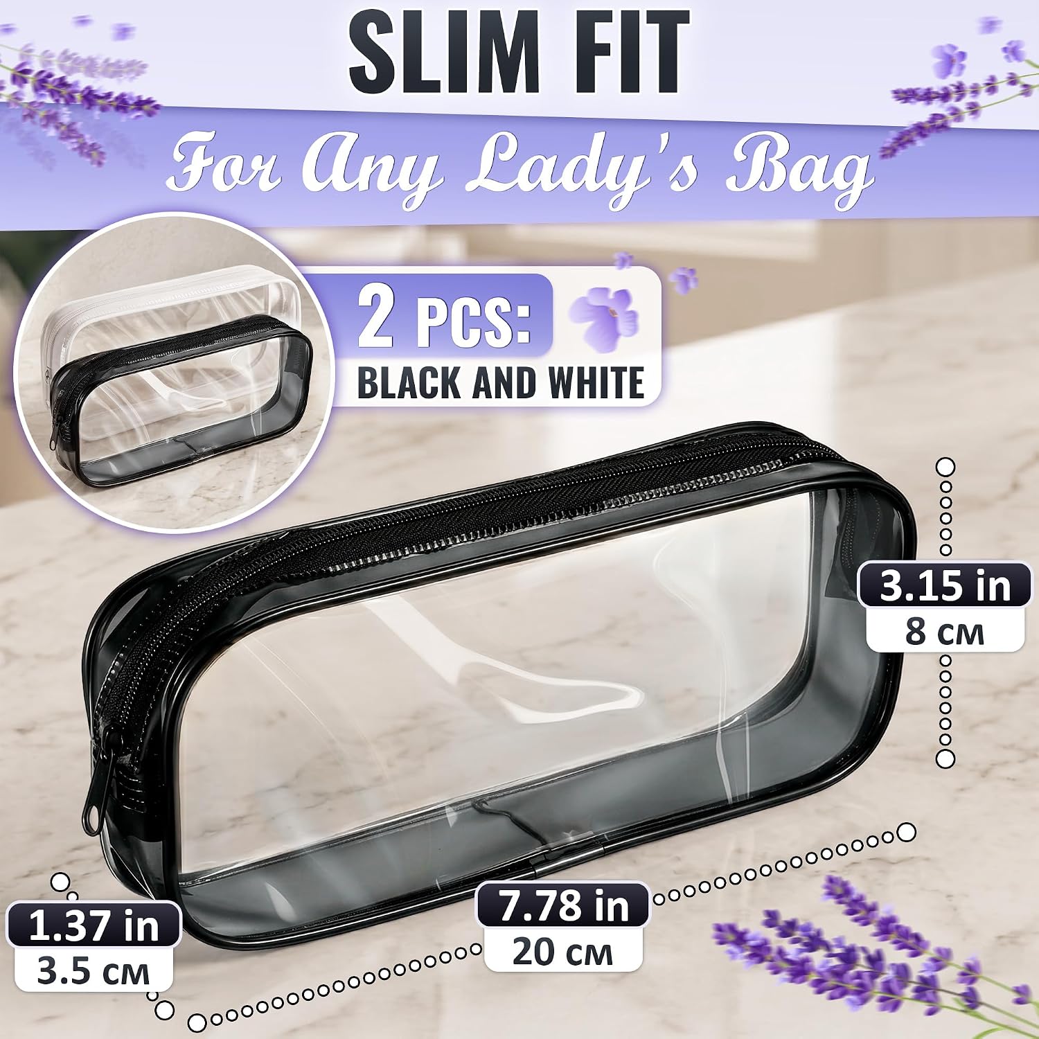 Small Makeup Bag for Purse 7.78" x 3.15" x 1.37" – 2 Pcs Clear Makeup Bags with Zipper – Waterproof Plastic Cosmetic Pouch, Compact Storage for Travel, Daily Organization, and On-the-Go Essentials