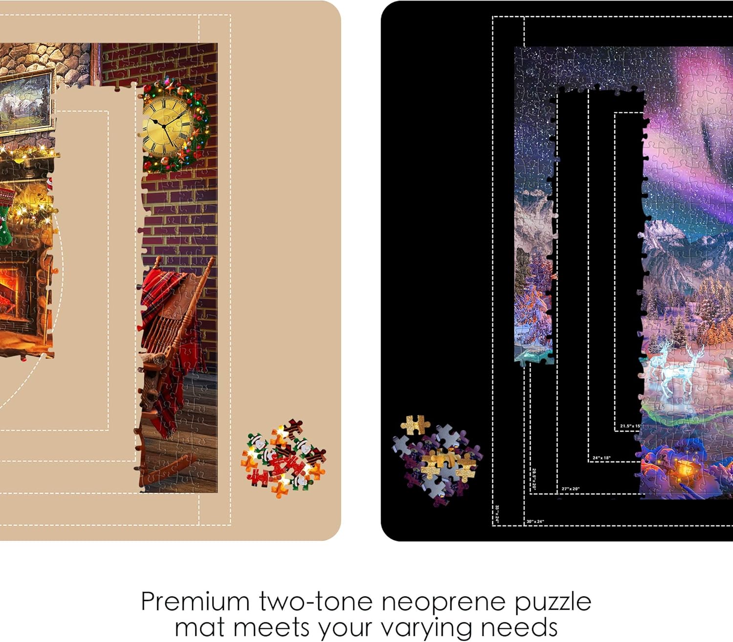lavievert jigsaw puzzle mat roll up, double-sided neoprene puzzle roll mat, portable puzzle board keeper saver with auxiliary line & storage bag for up to 1500 pieces - black & khaki